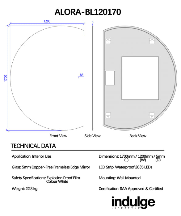 Alora Curved 1200 x 1700 Touchless LED Mirror - Three Light Temperatures