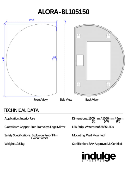 Alora Curved 1050 x 1500 Touchless LED Mirror - Three Light Temperatures