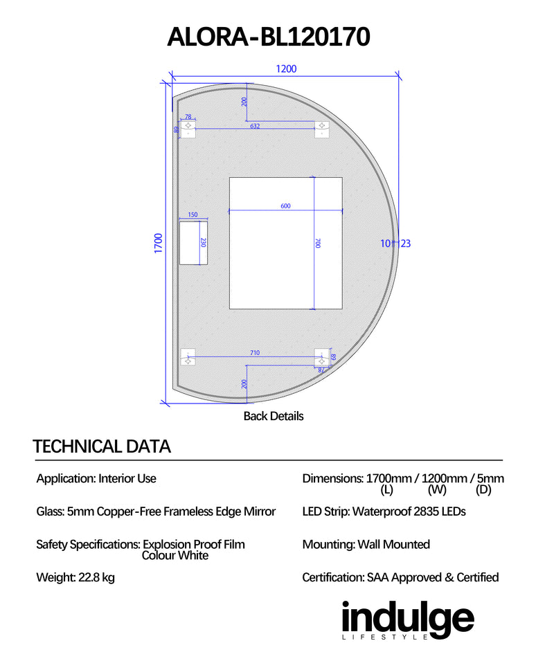 Alora Curved 1200 x 1700 Touchless LED Mirror - Three Light Temperatures