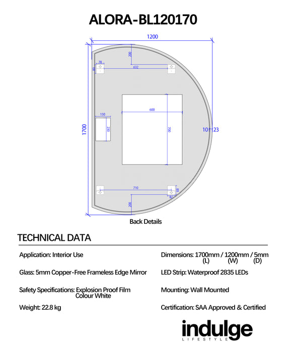 Alora Curved 1200 x 1700 Touchless LED Mirror - Three Light Temperatures
