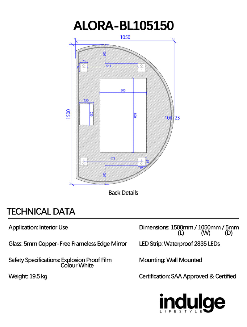 Alora Curved 1050 x 1500 Touchless LED Mirror - Three Light Temperatures