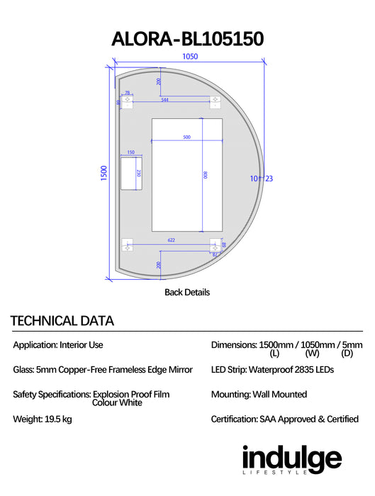 Alora Curved 1050 x 1500 Touchless LED Mirror - Three Light Temperatures
