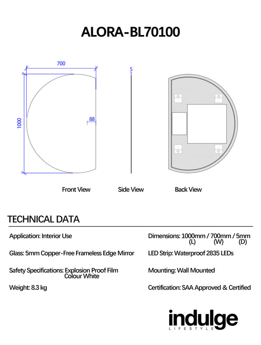 Alora Curved 700 x 1000 Touchless LED Mirror - Three Light Temperatures