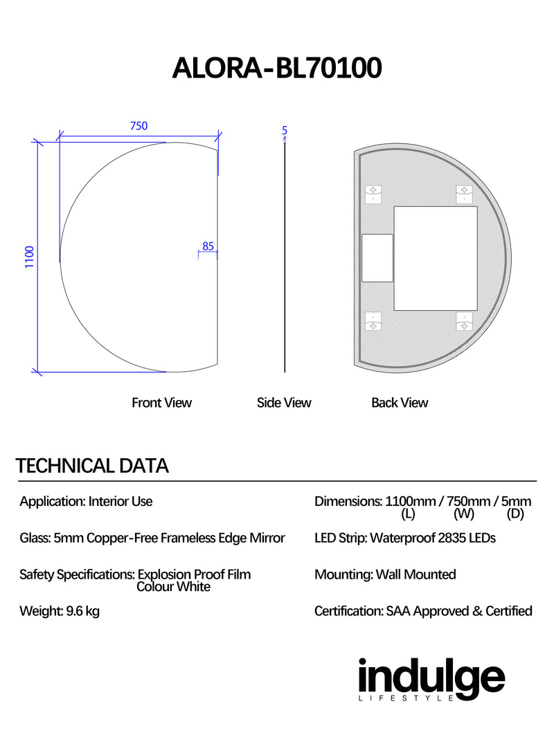 Alora Curved 750 x 1100 Touchless LED Mirror - Three Light Temperatures