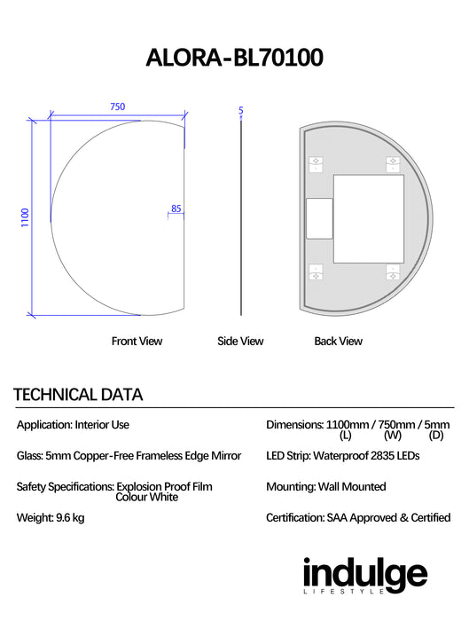 Alora Curved 750 x 1100 Touchless LED Mirror - Three Light Temperatures