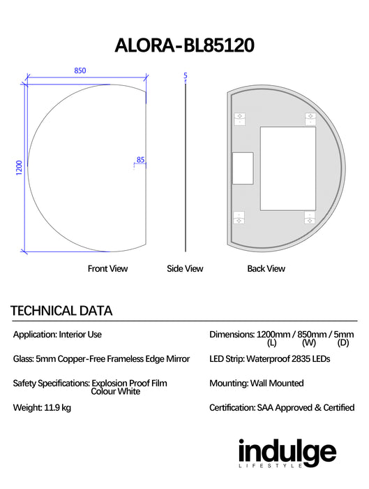 Alora Curved 850 x 1200 Touchless LED Mirror - Three Light Temperatures
