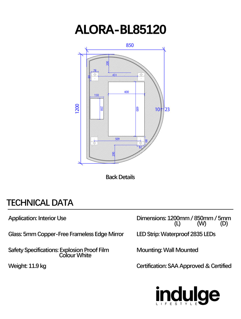 Alora Curved 850 x 1200 Touchless LED Mirror - Three Light Temperatures