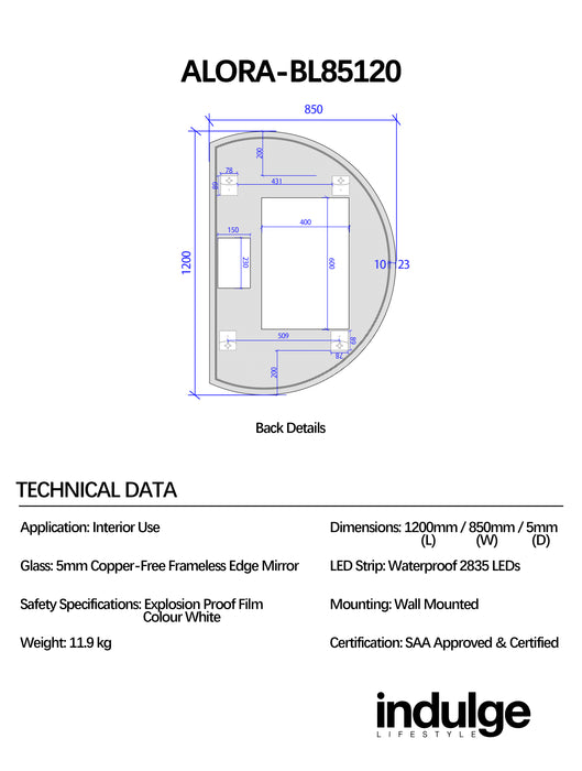 Alora Curved 850 x 1200 Touchless LED Mirror - Three Light Temperatures