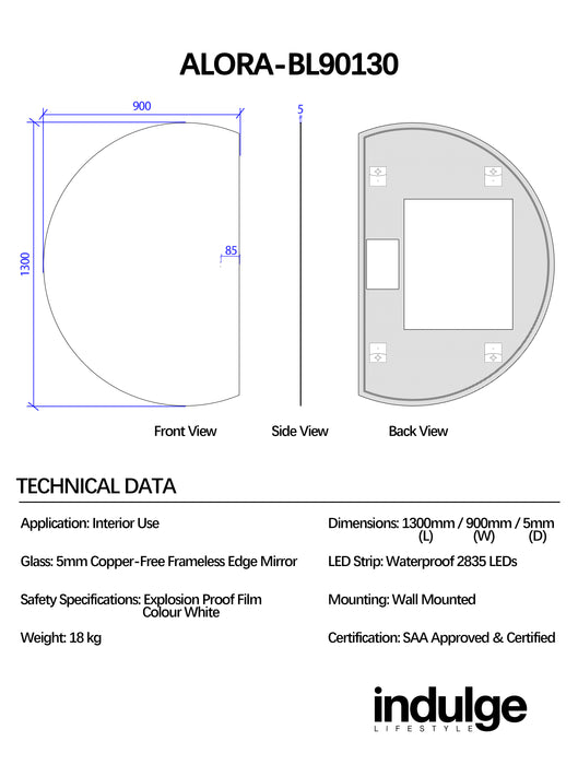 Alora Curved 900 x 1300 Touchless LED Mirror - Three Light Temperatures