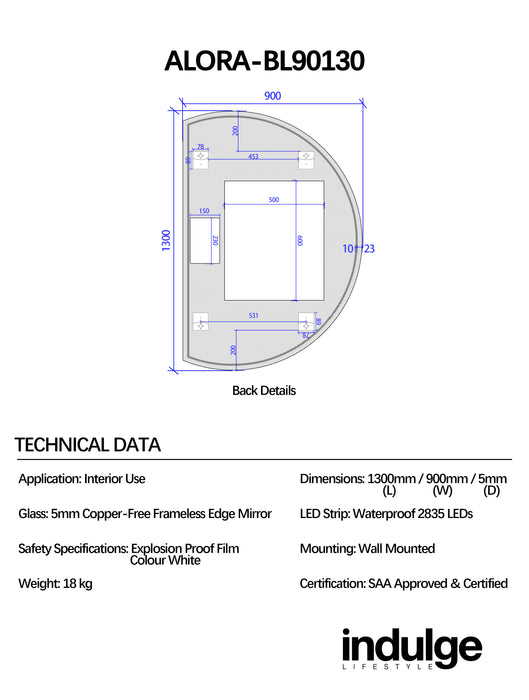 Alora Curved 900 x 1300 Touchless LED Mirror - Three Light Temperatures