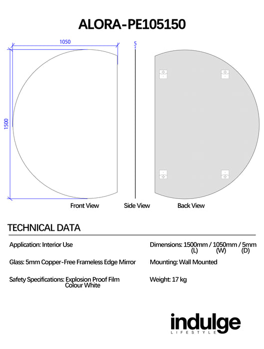 Alora Curved 1050 x 1500 Polished Edge Mirror