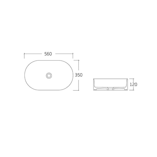 Amara 560 Matte White Oval Fluted Above Counter Basin dimensions