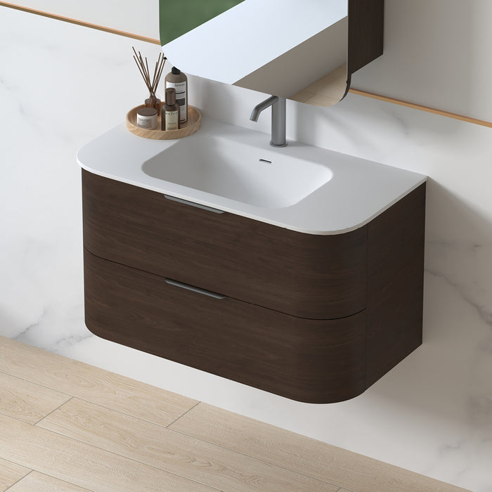 Anela 900 Curved Alder Walnut Wall Hung Vanity