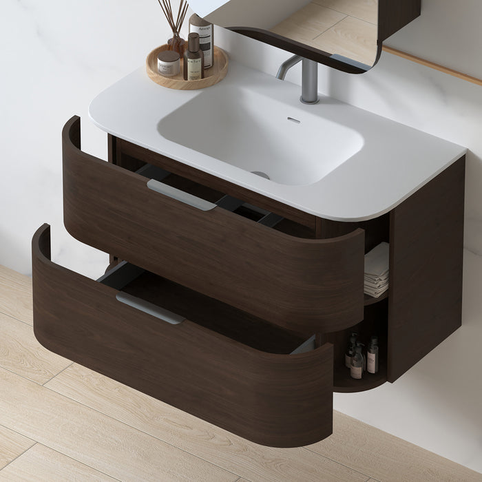 Anela 900 Curved Alder Walnut Wall Hung Vanity
