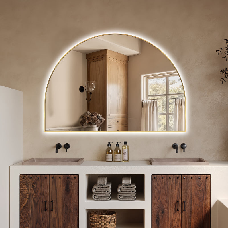 Arched Touchless 1200 x 800 Brushed Gold LED Mirror - Three Light Temperatures - Acqua Bathrooms