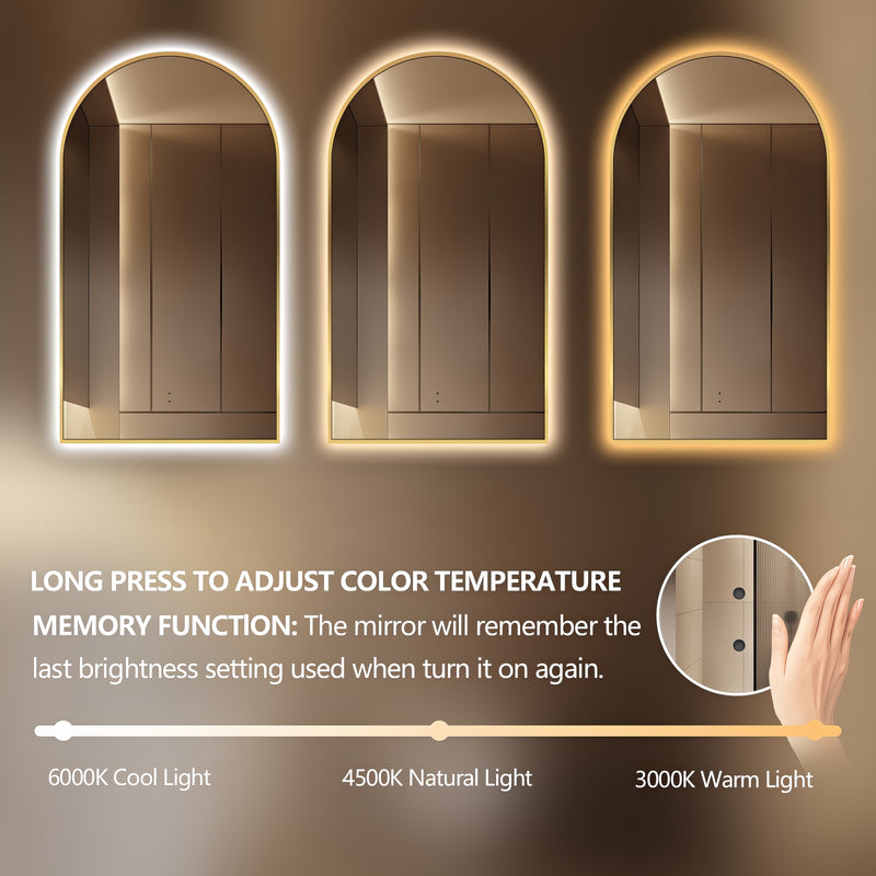 Arched Touchless 500 x 900 Back-Lit Brushed Gold LED Mirror - Three Light Temperatures - Acqua Bathrooms