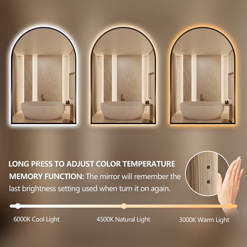 Arched Touchless Back-Lit Matte Black LED Mirror - Three Light Temperatures - Acqua Bathrooms