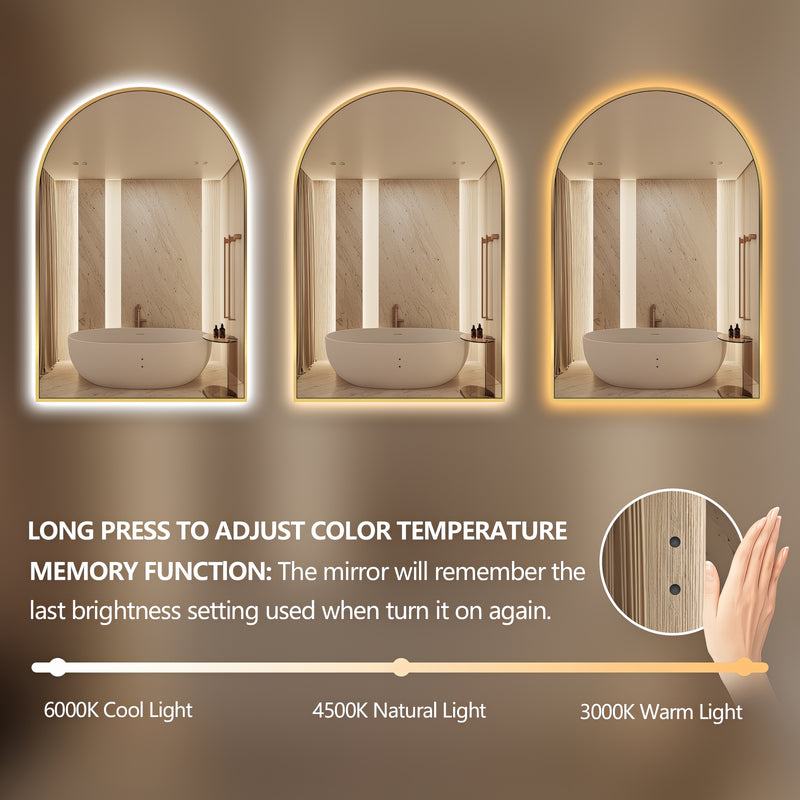 Arched Touchless Back-Lit Brushed Gold LED Mirror - Three Light Temperatures - Acqua Bathrooms
