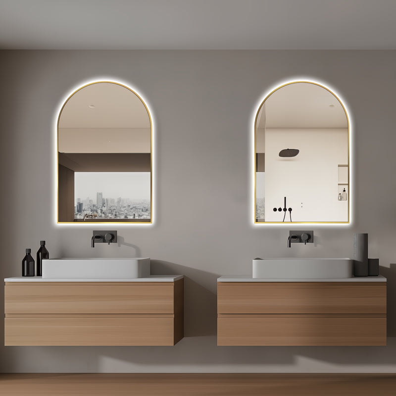 Arched Touchless Back-Lit Brushed Gold LED Mirror - Three Light Temperatures - Acqua Bathrooms