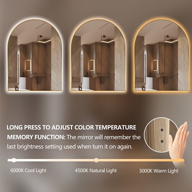 Arched Touchless 750 x 1000mm Back-Lit Brushed Gold LED Mirror - Three Light Temperatures - Acqua Bathrooms