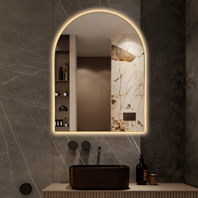 Arched Touchless 750 x 1000mm Back-Lit Brushed Gold LED Mirror - Three Light Temperatures - Acqua Bathrooms