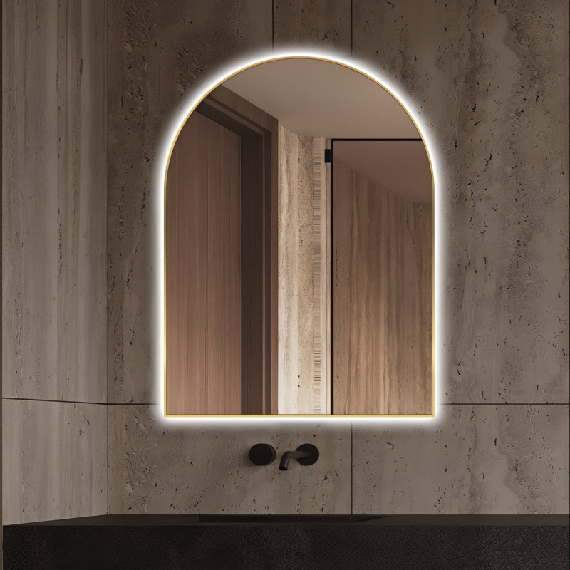 Arched Touchless 750 x 1000mm Back-Lit Brushed Gold LED Mirror - Three Light Temperatures - Acqua Bathrooms