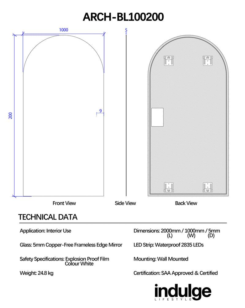 Arched 1000 x 2000 LED Mirror - Three Light Temperatures