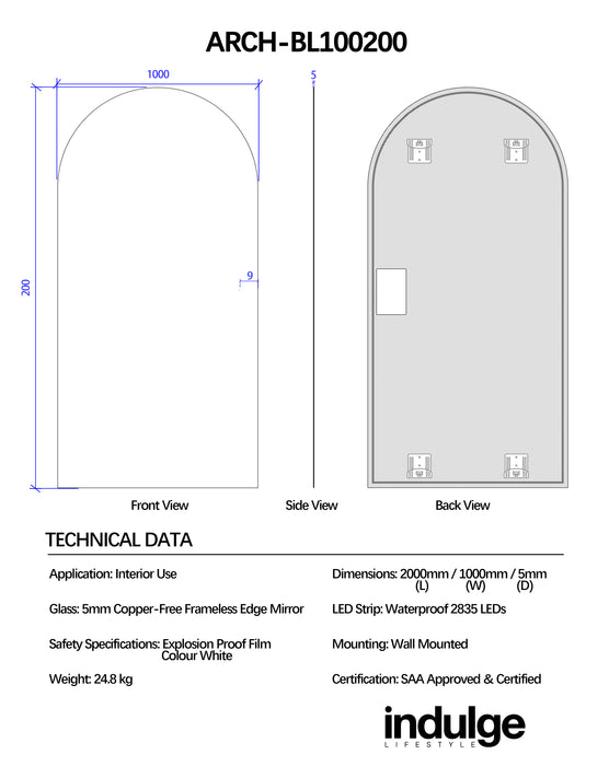 Arched 1000 x 2000 LED Mirror - Three Light Temperatures
