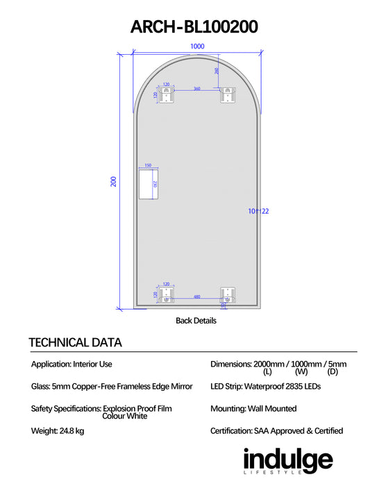 Arched 1000 x 2000 LED Mirror - Three Light Temperatures
