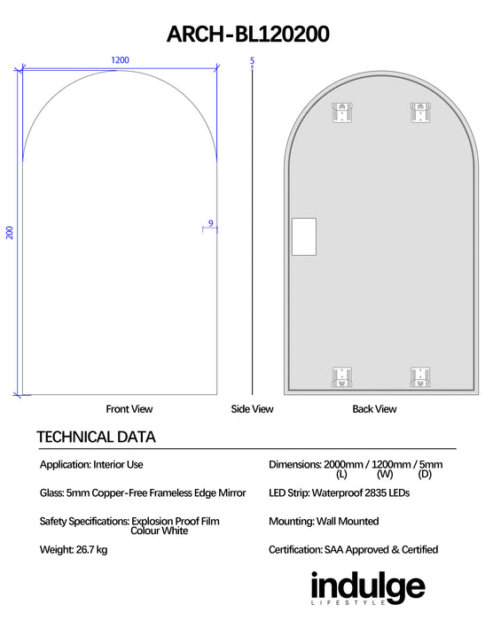 Arched 1200 x 2000 LED Mirror - Three Light Temperatures