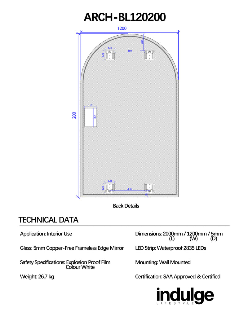 Arched 1200 x 2000 LED Mirror - Three Light Temperatures