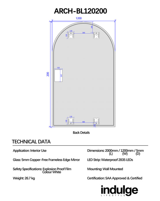 Arched 1200 x 2000 LED Mirror - Three Light Temperatures