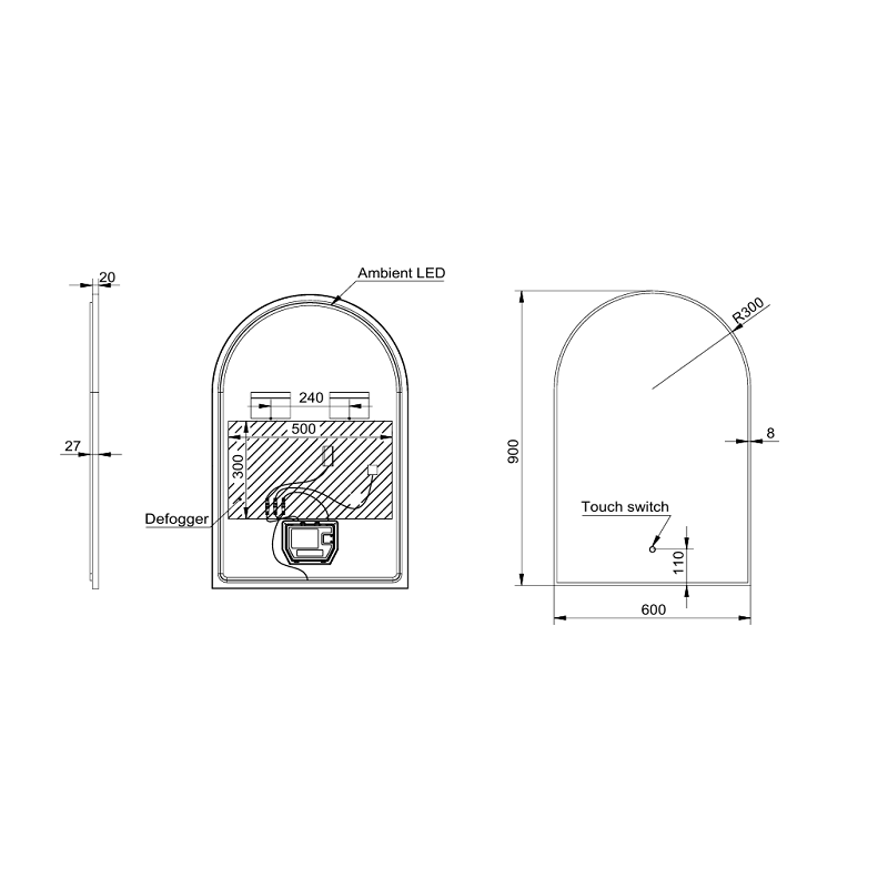 Arched 600 x 900mm Matte White LED Mirror - Three Light Temperatures - Acqua Bathrooms