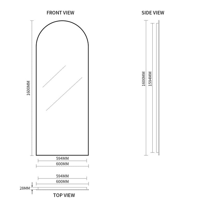 Indulge | Arched 600 x 1600mm Freestanding Matte Black Framed Mirror - Acqua Bathrooms