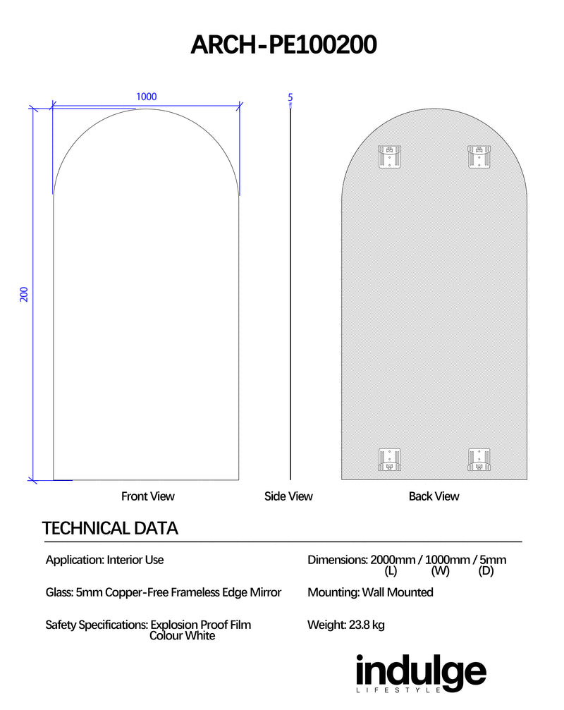 Arched 1000 x 2000 Polished Edge Mirror