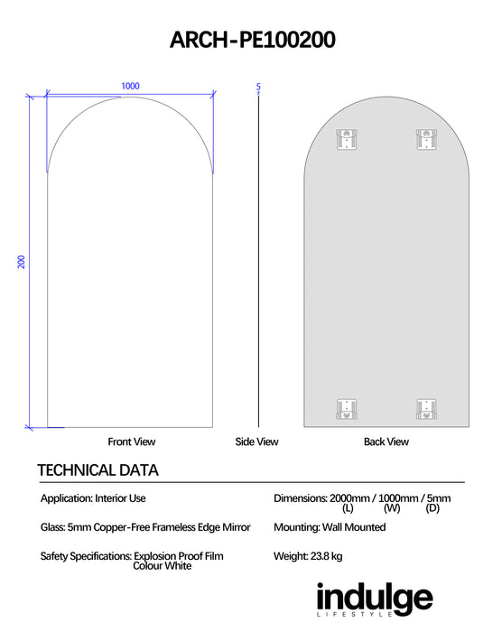 Arched 1000 x 2000 Polished Edge Mirror