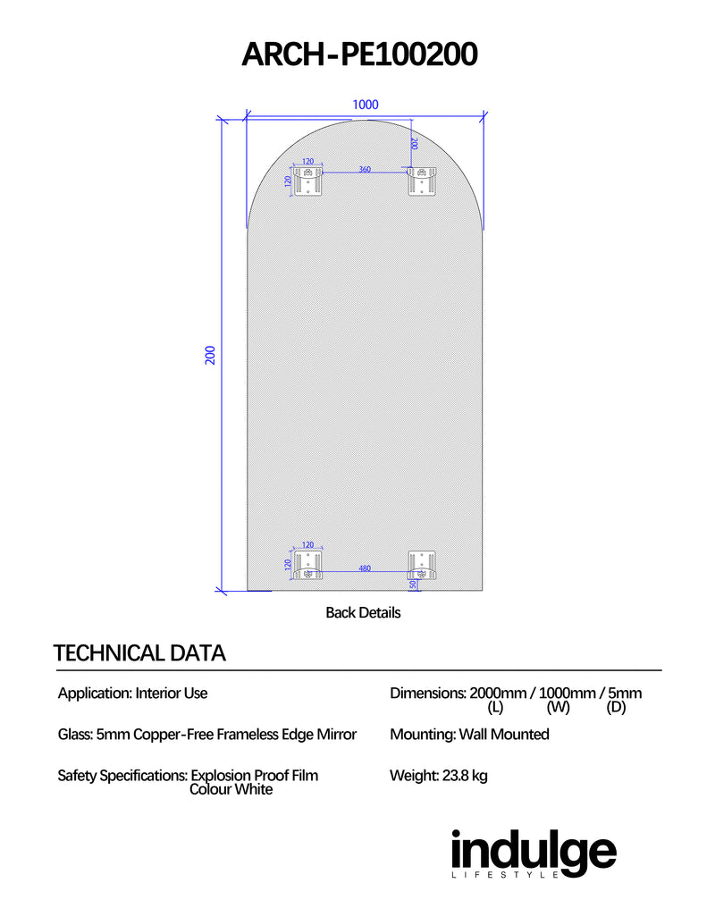 Arched 1000 x 2000 Polished Edge Mirror
