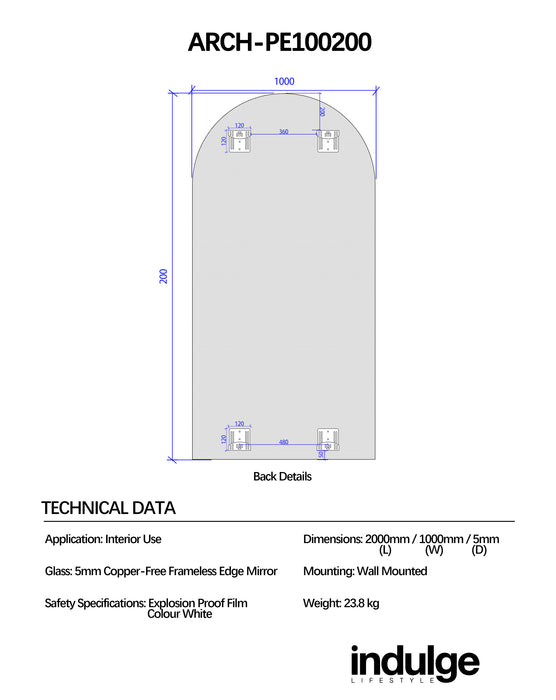 Arched 1000 x 2000 Polished Edge Mirror