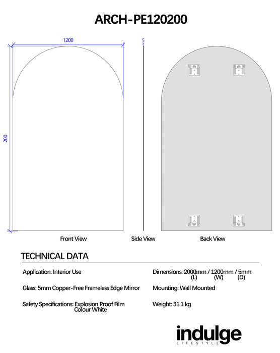 Arched 1200 x 2000 Polished Edge Mirror