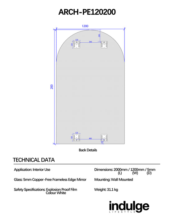 Arched 1200 x 2000 Polished Edge Mirror