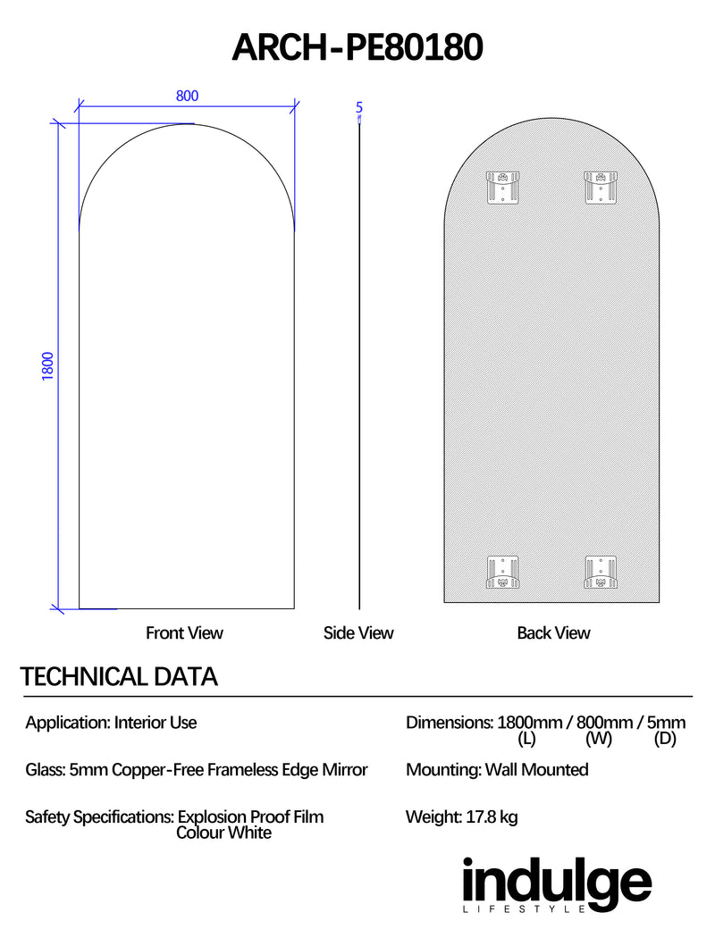 Arched 800 x 1800 Polished Edge Mirror