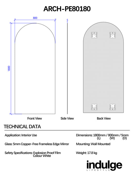 Arched 800 x 1800 Polished Edge Mirror