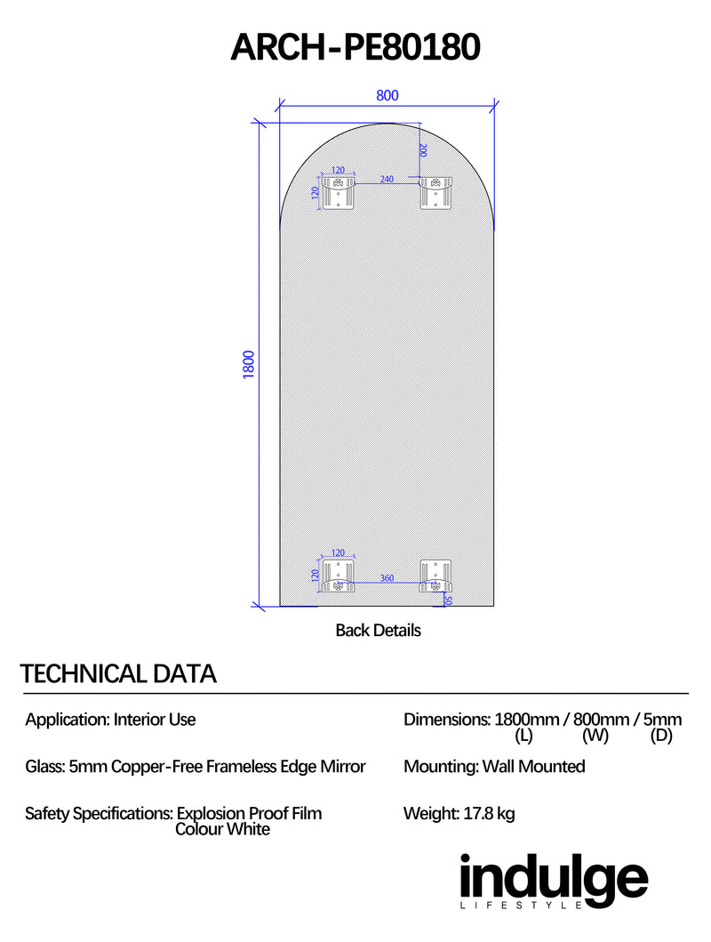 Arched 800 x 1800 Polished Edge Mirror
