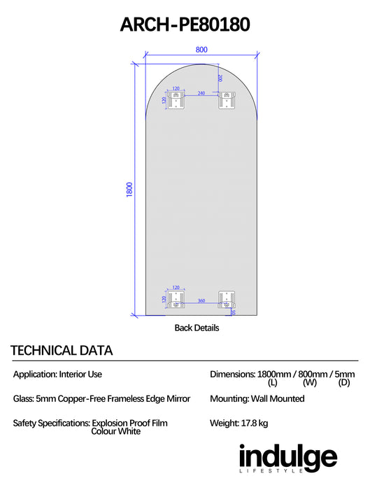 Arched 800 x 1800 Polished Edge Mirror