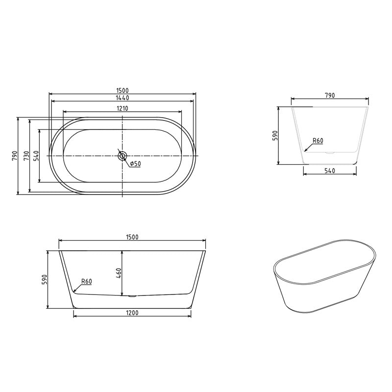 Aria 1500mm Oval Freestanding Bath Tub - Acqua Bathrooms