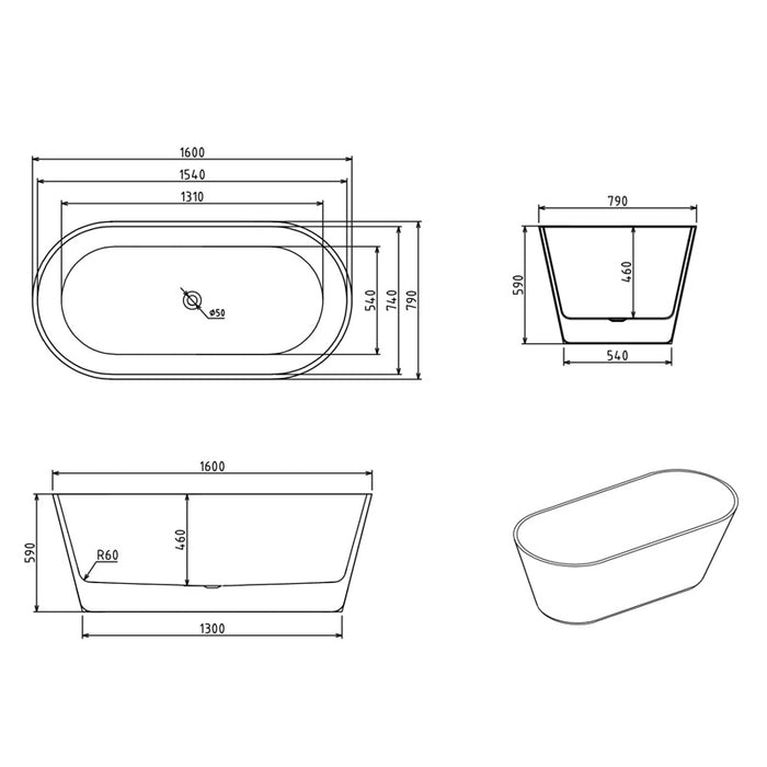 Aria 1600mm Oval Freestanding Bath Tub - Acqua Bathrooms