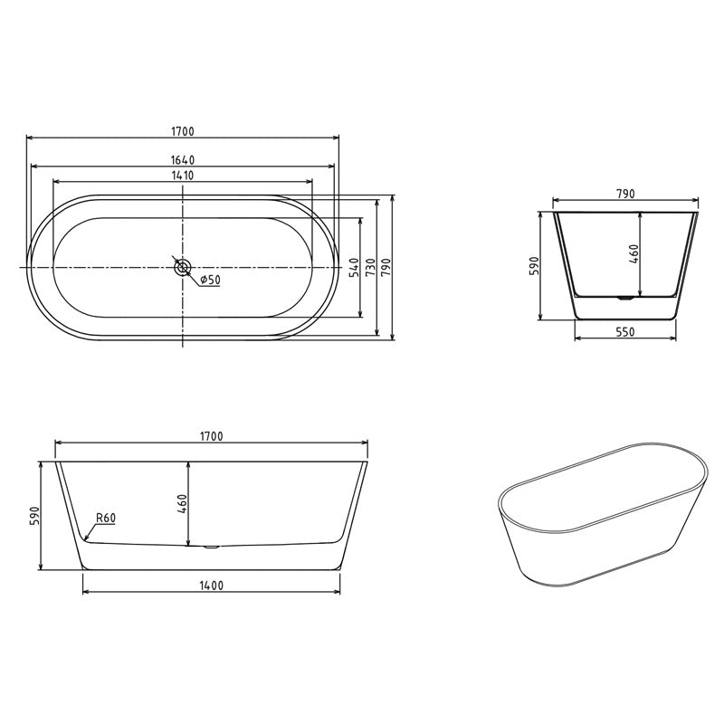 Aria 1700mm Oval Freestanding Bath Tub - Acqua Bathrooms