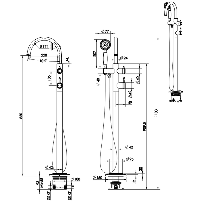 Mica Brushed Nickel Heritage Freestanding Bath Mixer with Hand Shower