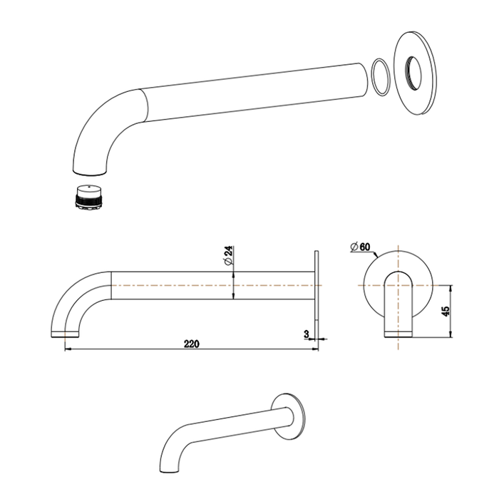 Mica Gun Metal Bath/Basin Spouts - 220mm