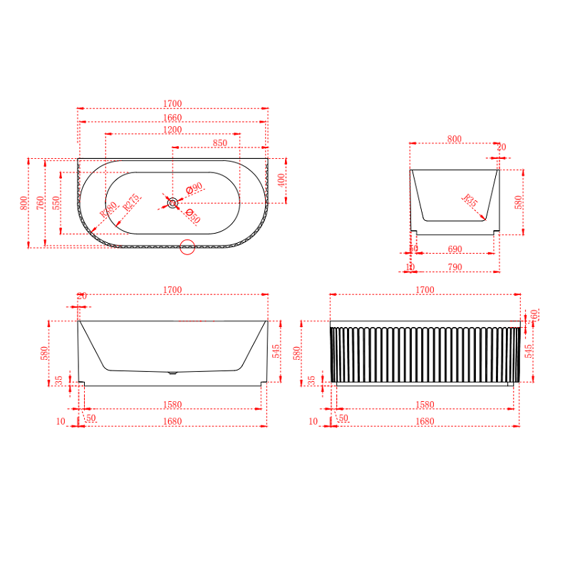 Artemis Fluted 1700mm Matte White Back to Wall Designer Round Freestanding Bath - Acqua Bathrooms